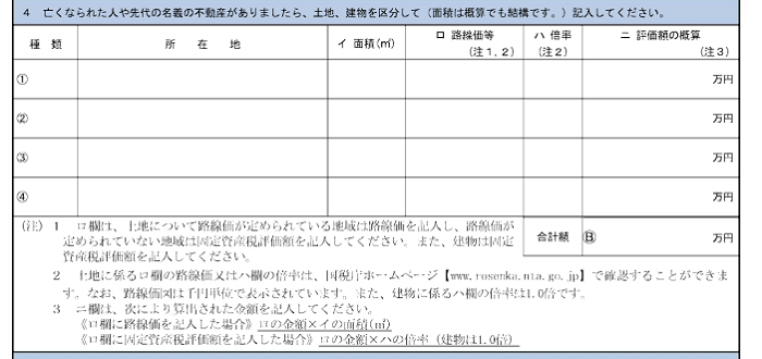 被相続人名義の土地や家屋等の記入欄