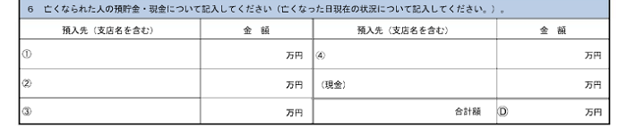 被相続人名義の預貯金と手許現金の記入欄